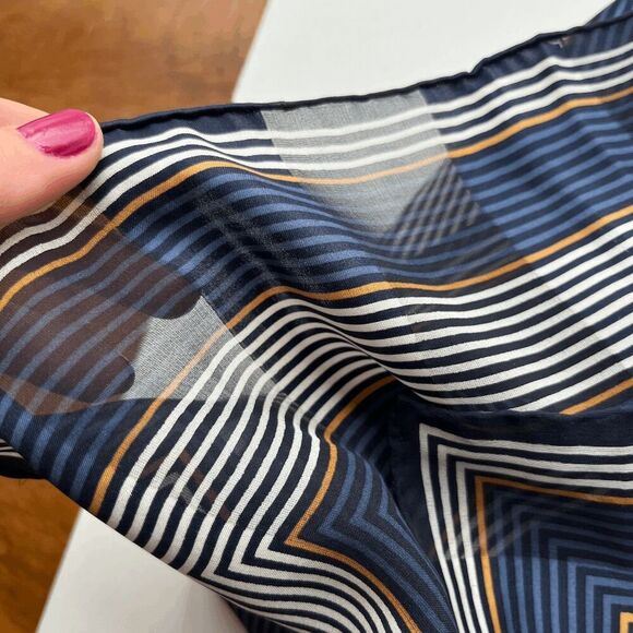 Vintage 1970s Sheer Striped Square Scarf in Blue & Gold Geometric Print 20x20 - Picture 8 of 9